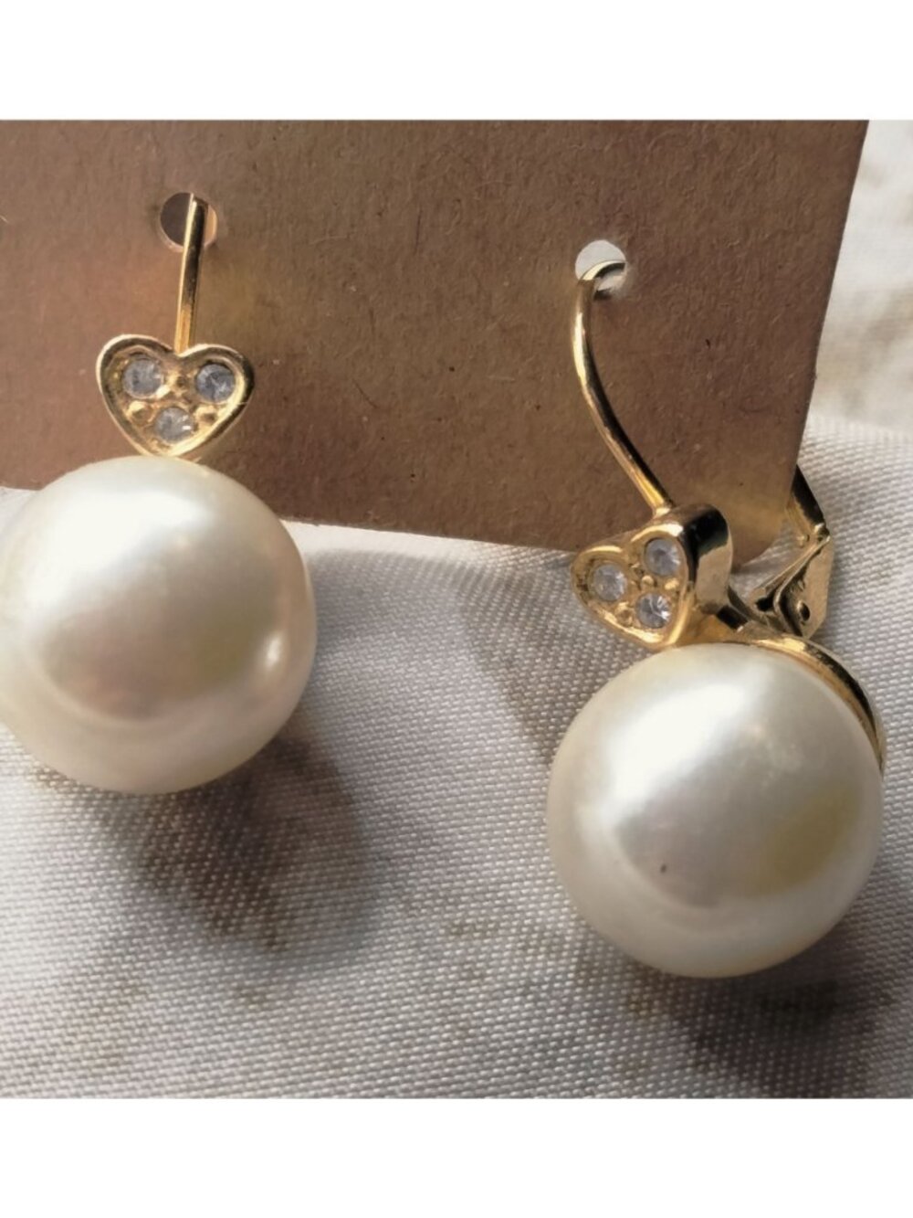 Faux Pearl Crystal Heart Drop Pierced Earrings Gold Tone Wedding Valentine - Picture 2 of 5